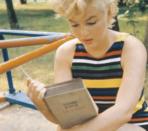 Marilyn Monroe reading Ulysses. Cover image for James Joyce: A Critical Guide, image for Defining Literature post by Malin James