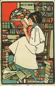 Woman in a library art nouveau for On Confronting Literature by Malin James