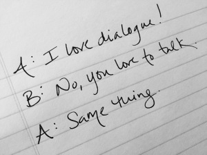 Black and white picture of handwritten dialogue by Malin James